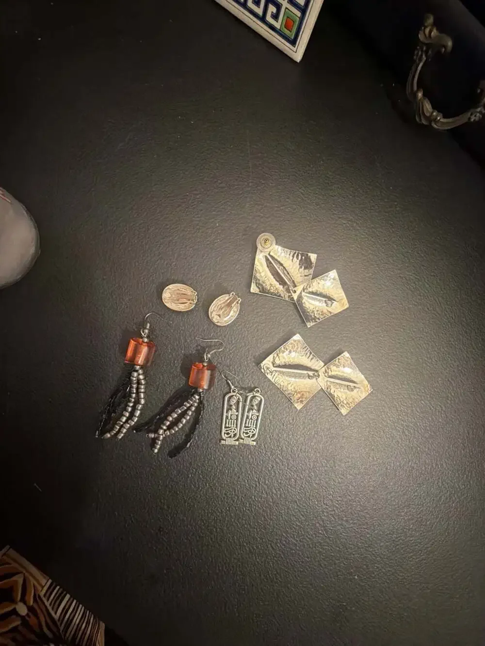 Vintage Brutalist Silver-Tone Paneled Collar Necklace and Assorted Earring Lot
